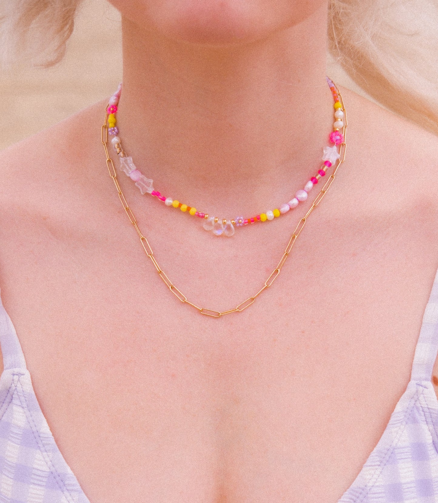 Y2K Pink Lemonade Beaded Necklace