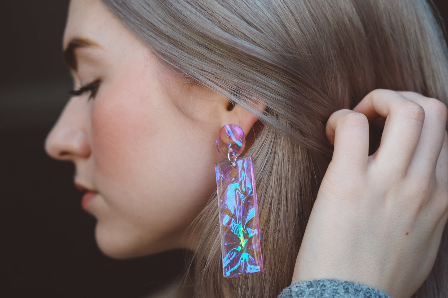 Amber Lilac Iridescent Bar Dangle Earrings