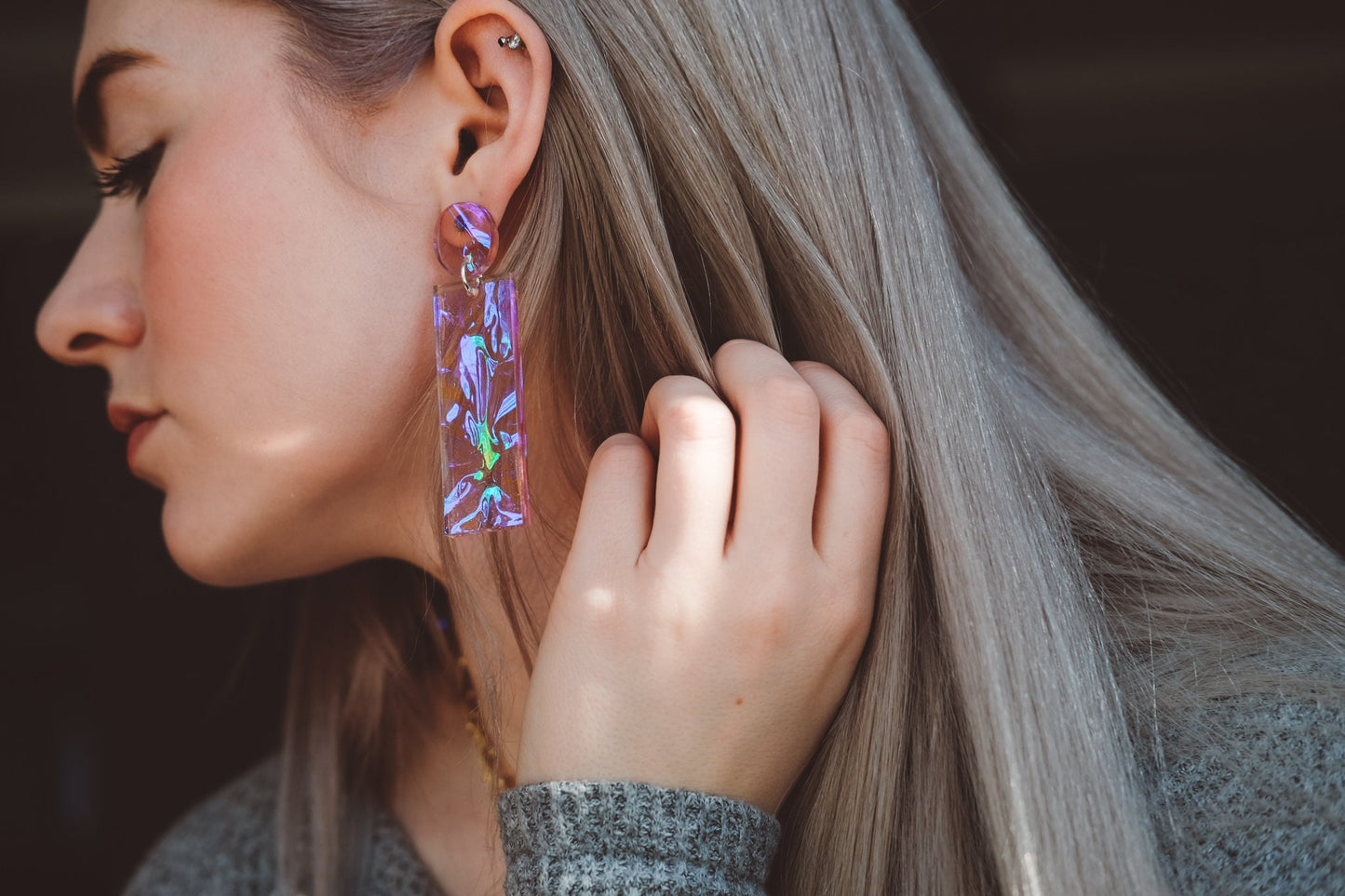 Amber Lilac Iridescent Bar Dangle Earrings