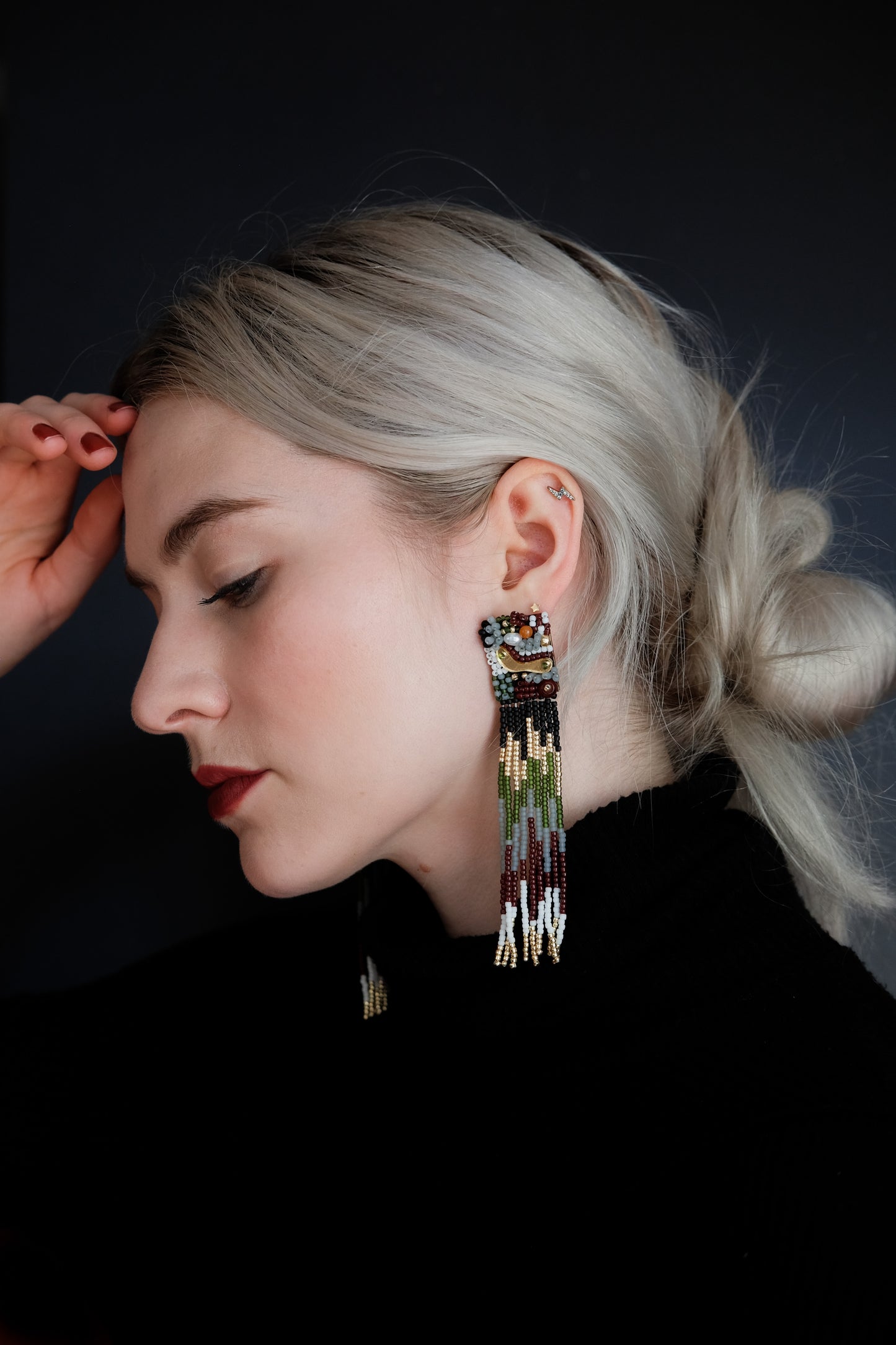 Dark Velvet Beaded Tassel Earrings