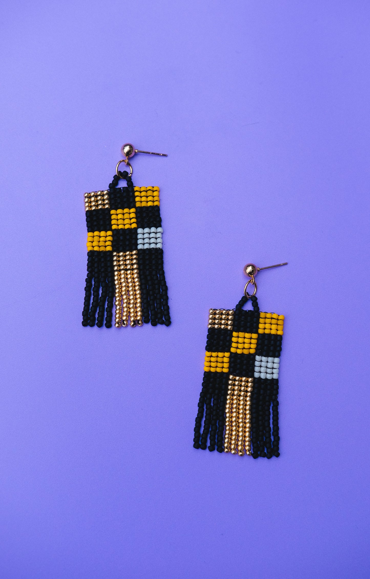 Black and Yellow Checkered Beaded Tassel Earrings