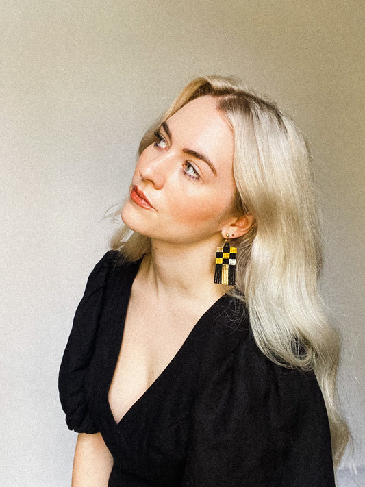 Black and Yellow Checkered Beaded Tassel Earrings