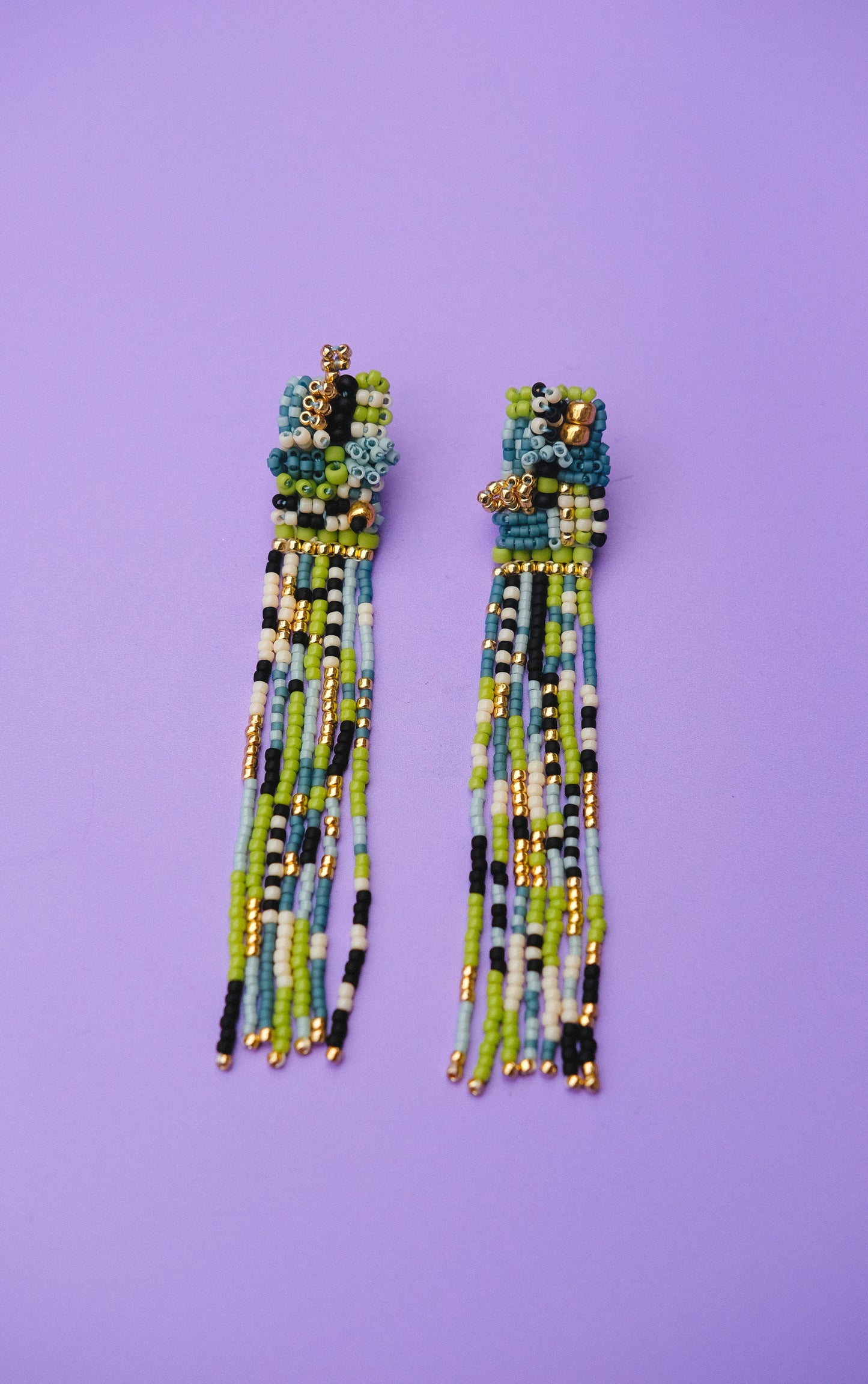 Space Moss Beaded Tassel Earrings