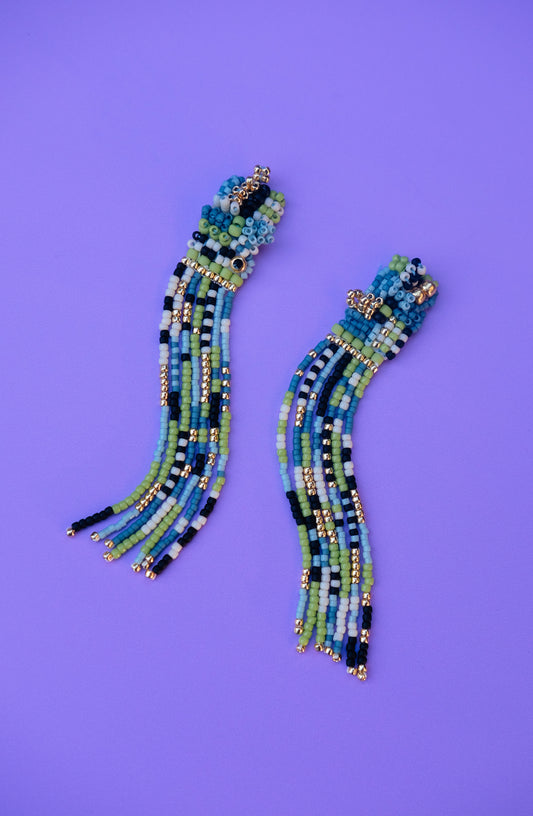 Space Moss Beaded Tassel Earrings