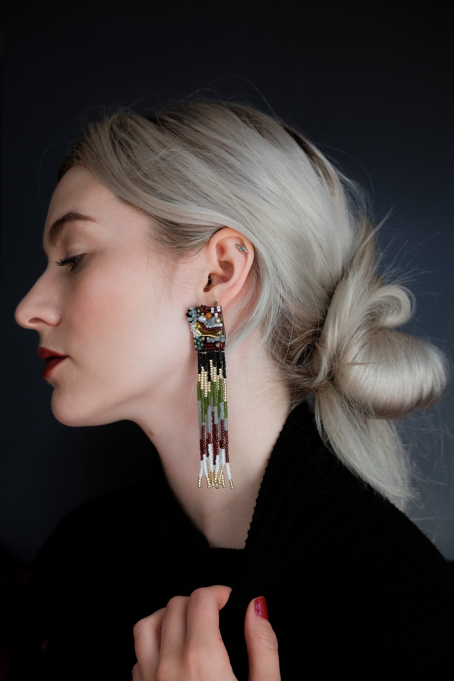 Dark Velvet Beaded Tassel Earrings