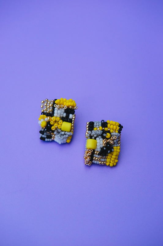 Black and Yellow Beaded Stud Earrings